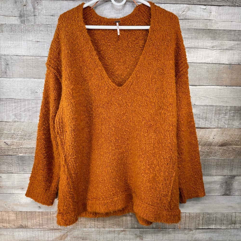 Free People Lofty V-Neck Burnt Orange Alpaca Blend Chunky Knit Sweater Medium